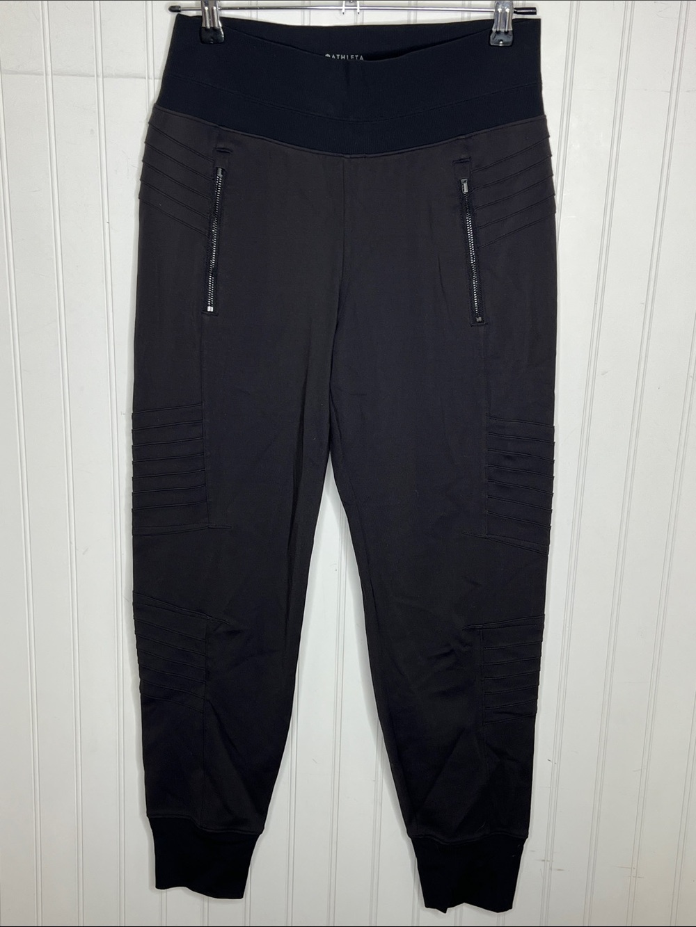 Athleta Venice Moto Black Ribbed-Panel Joggers with Zip Pockets Small